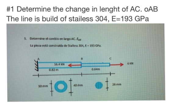 #1 Determine the change in lenght of AC. OAB The line is build of stailess 304, E=193 GPa 1. Determine el cambio en largo AC.
