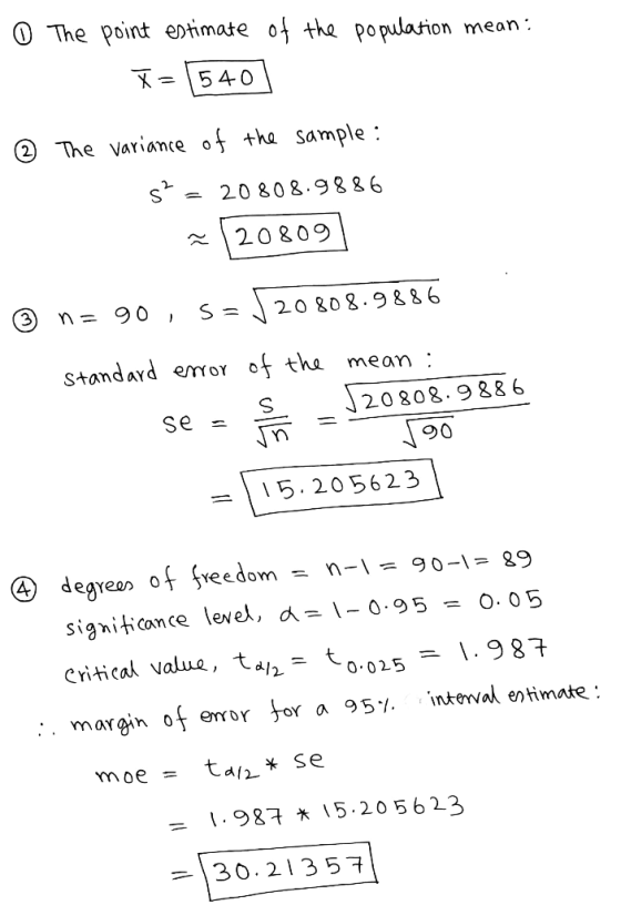 0 The population mean: point estimate of the = 540] © The variance of the sample: s” = 20808.9886 ~208091 ☺ n= 90, 5=520808.9