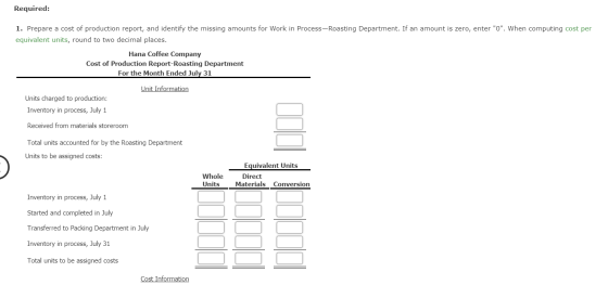 Required: 1. Prepare a cost of production report, and identify the missing amounts for Work in Process-Roasting Department. I