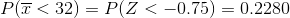 P(\overline{x}< 32)=P(Z< -0.75)=0.2280