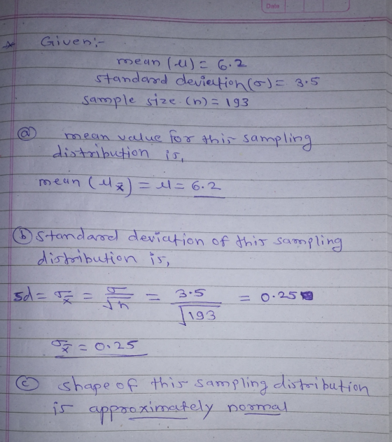 Date mee n (-U) 6.2 stamdard deviation ample si2e (n) 193 mean vaiue for thi samplin avionRS his salin distribution 19 3 ⓒーー(Shape-f- ナhis. Sampling distri bution ximately noumau ー
