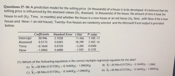 Questions 27-30: A prediction model for the selling price (in thousands) of a house is to be developed. Its believed that th