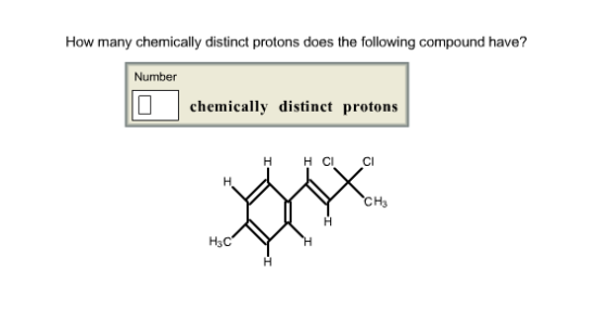 How many chemically distinct protons does the following compound have? Number chemically distinct protons H CI CI CH3 H3C