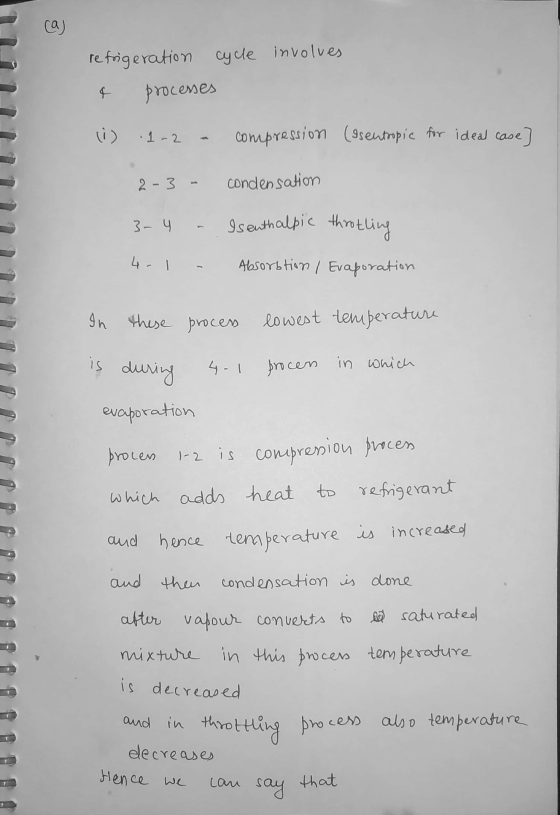 ca) involves refrigeration cycle ¢ processes (i) 1-2 - compression (Isentropic for ideal case] 2-3 - condensation . Is enthal