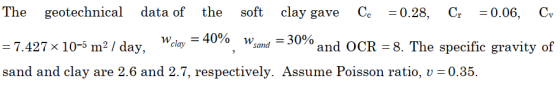 The geotechnical data of the soft clay gave Cc = 0.28, Cr = 0.06, Cv = 40% we = 7.427x10-5 m2 / day, sand = 30% and OCR = 8.