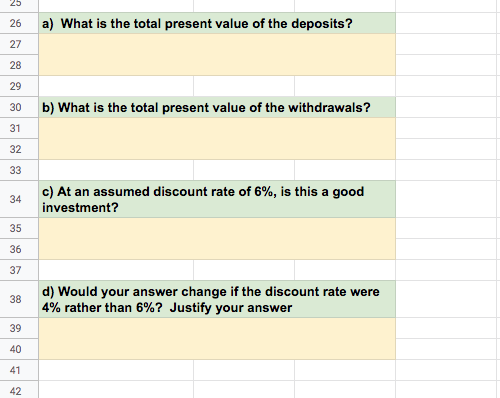 a) What is the total present value of the deposits? 27 29 30 b) What is the total present value of the withdrawals? c) At an