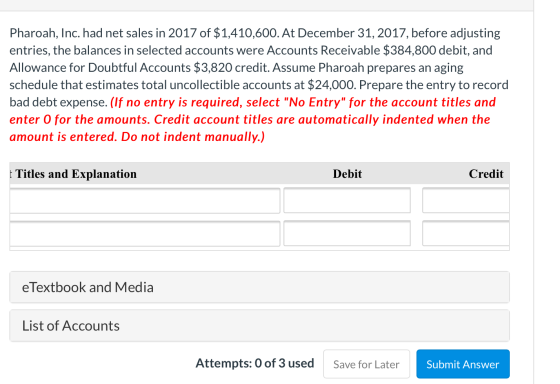 Pharoah, Inc. had net sales in 2017 of $1,410,600. At December 31, 2017, before adjusting entries, the balances in selected a