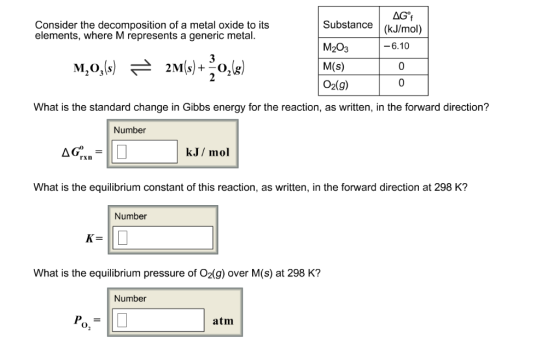 Substance (kJ/mol) M203 M(s) O2(g) Consider the decomposition of a metal oxide to its elements, where M represents a generic