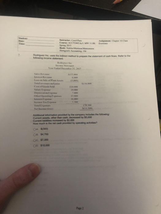 Instructer: Canol Pacs Coene: ACCT2402 hy3, MW 11:00 Exi Spring 2015 Book Hoengrens Accounting. 10c Date: Time Assignment: Chapter 16 Class Rodriguez Inc. uses the indirect method to peepare the statement of cash fiows. Reler to the following income statement Redriguer Inc Year Ended Deccnber 31. 2015 Sales Res cne lnterest Revcone $155.000 6000 Lass on Sale of Plasn Assets 15.000) $156 000 Cod of Goods Sol Salary Expense 19.000 Othor Operating F spes Interest Espense 13 000 16.000 lotal Expenses Net Incomne (loss 170 300 5414.300) Additional information provided by the company includes the following Current assets, other than cash, decreased by $5,000 Current liabilities increased by $2,000 How much is the net cash provided by operating activities? OA $(300) OB. $4,700 ОС. $7.300 OD $10.000 Page 2