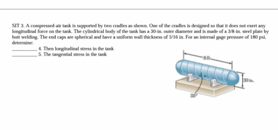 SIT 3. A compressed-air tank is supported by two cradles as shown. One of the cradles is designed so that it does not exert a