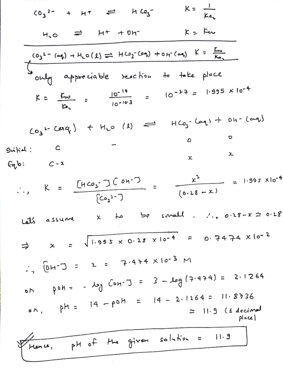 CO2- 11 Ka I HCO3 + ht kan но Ht ton ka tu (032- (aq) + H2O(l) HCO₃-coq) toti cea) K = alb take place reaction only appreciab