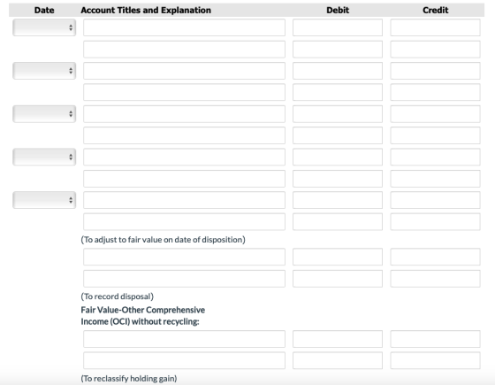 Account Titles and Explanation Date Debit Credit (To adjust to fair value on date of disposition) (To record disposal) Fair V