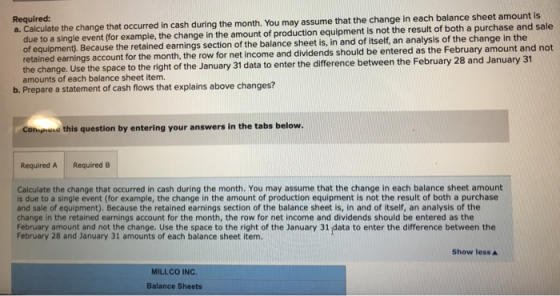 Required: a. Calculate the change that occurred in cash during the month. You may assume that the change in each balance shee