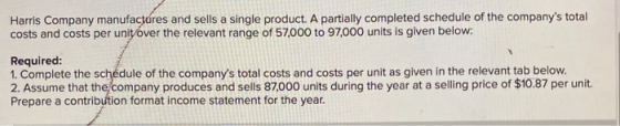Harris Company manufactures and sells a single product. A partially completed schedule of the companys total costs and costs