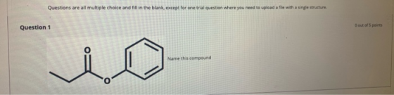 Questions are all multiple choice and fill in the blank, except for one trial question where you need to upload a file with a