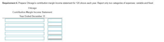 Requirement 4. Prepare Chicagos contribution margin income statement for 120 shows each year. Report only two categories of