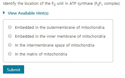 Identify the location of the Fo unit in ATP synthase (FoF1 complex) View Available Hint(s) Embedded in the outermembrane of m