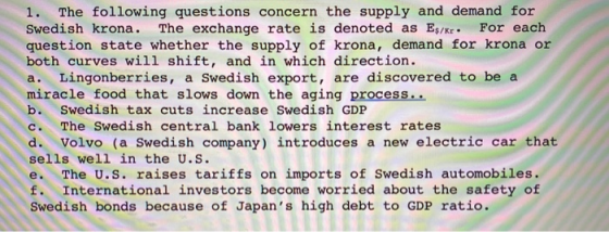1. The following questions concern the supply and demand for Swedish krona. The exchange rate is denoted as Es/kr. For each q