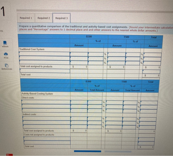 Required 1 Required 2 Required 3 Prepare a quantitative comparison of the traditional and activity-based cost assignments. (R