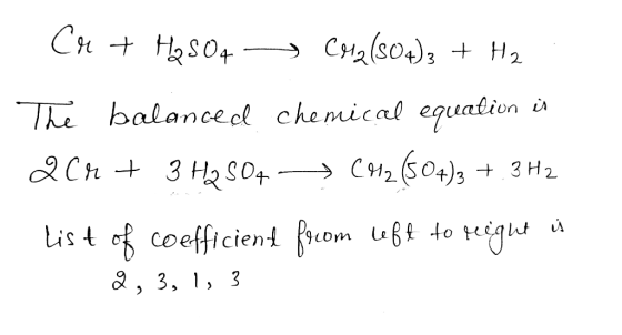 CH + H2504 -> Cel2(S04)3 + H2 The balanced chemical equation is 2CM + 3 H2S0+ → C912. (504)3 + 3H2 List of coefficient focom
