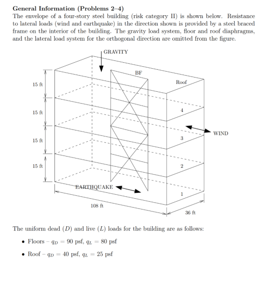 General Information (Problems 2–4) The envelope of a four-story steel building (risk category II) is shown below. Resistance