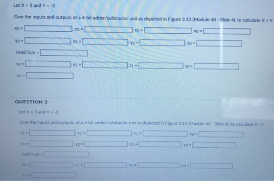 Let X 5 and Y =-2 Give the inputs and outputs of a 4-bit adder/subtractor unit as depicted in Figure 5.13 (Module 40- Slide 4), to calculate X + Y Add/Sub- 512 Cn- QUESTION 2 Let X 5 and Y =-2 Give the inputs and outputs of a 4-bit adder/subtractor unit as depicted in Figure 5.13 (Module 40 - Slide 4), to calculate X-Y. x3 = L :Y1 Add/Sub- 53