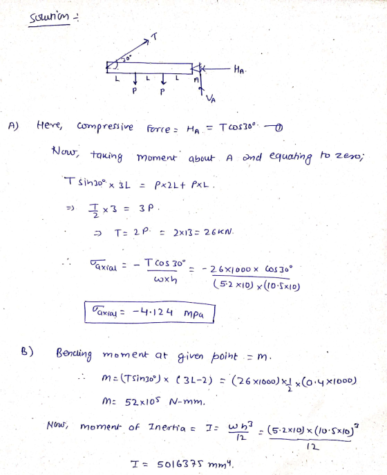 solution >T HA L - A VA A) Here, compressive force = HAS T60530°: Now, taking moment about. A and equating to zeso; T sinoo x