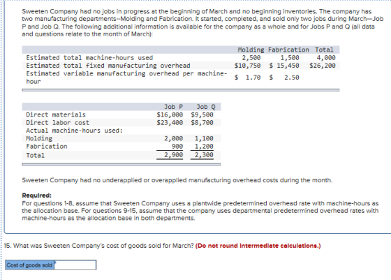 Sweeten Company had no jobs in progress at the beginning of March and no beginning inventories. The company has two manufactu