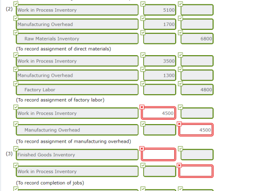 (2) Work in Process Inventory 5100 Manufacturing Overhead 1700 | Raw Materials Inventory 6800 (To record assignment of direct