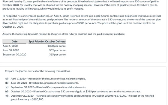 Riverbed Jewelry Co. uses gold in the manufacture of its products. Riverbed anticipates that it will need to purchase 530 oun