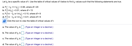 Let to be a specific value of t. Use the table of critical values of t below to find to-values such that the following statem