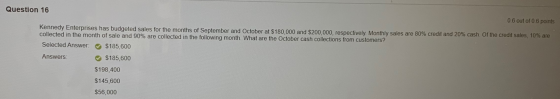 Question 16 0.6 out of 0.6 points Kennedy Enterprises has budgeted sales for the months of September and October at $180,000
