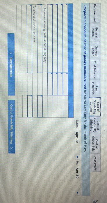 Requirement General General Journal Ledger Tral Balance Raw Materials Cost of Goods Mfg Cutting Cost of Goods Sold Gross Prof