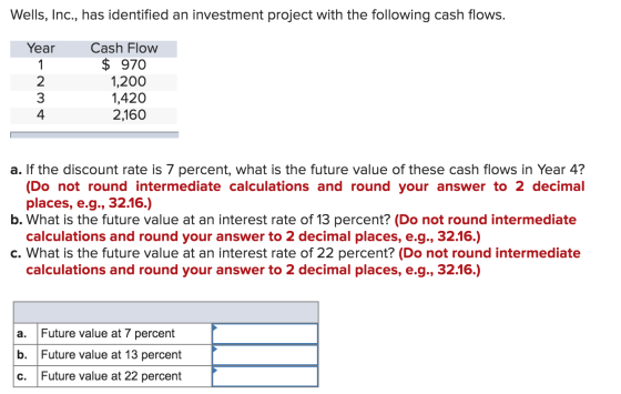Wells, Inc., has identified an investment project with the following cash flows. Year Cash Flow $ 970 1,200 1,420 2,160 imt a