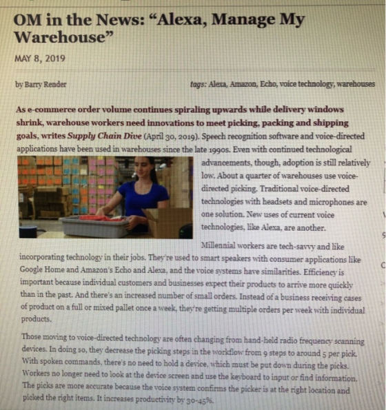 OM in the News: “Alexa, Manage My Warehouse MAY 8, 2019 by Barry Render tags: Alexa, Amazon, Echo, voice technology, warehou
