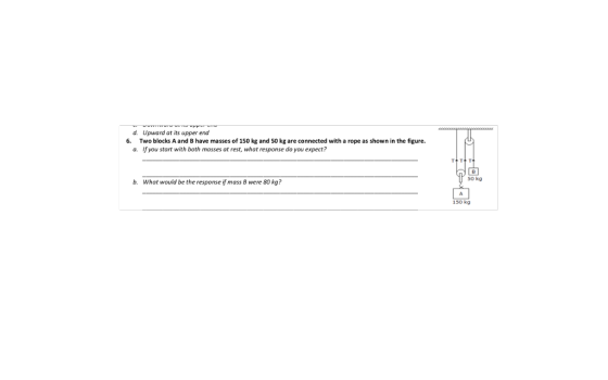 d. 6. Upward at its upper end Two blocks A and B have masses of 150 kg and 50 kg are connected with a rope as shown in the figure. a. If you start with both masses at rest, what response do you expect? 50 kg b. What would be the response if mass B were 80 kg? 150 kg