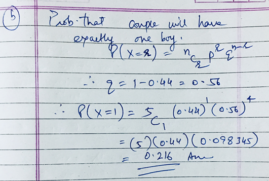 Prob. that couple will have -q=1-0:44 2056 P(x=1) = 5 (0.44) (0.56) = G(0.44) (0.098345) 0.216 Aue i