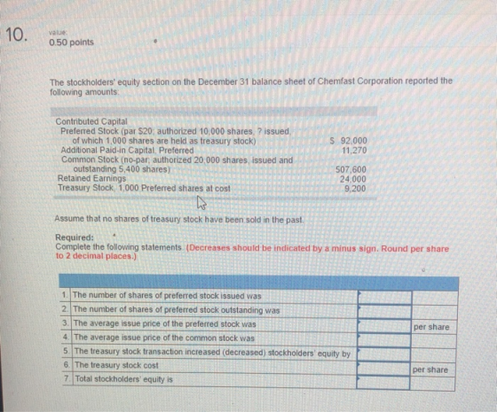 10. value 0.50 points The stockholders equity section on the December 31 balance sheet of Chemfast Corporation reported the