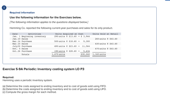 Required information Use the following information for the Exercises below [The following information applies to the questions displayed below. Hemming Co. reported the following current-year purchases and sales for its only product. Activities Units Acquired at Cost Date Jan. 1 Beginning inventory Jan. 10 Sales Mar.14 Purchase Mar. 15 Sales July30 Purchase Oct. 5 Sales Oct. 26 Purchase 290 units $13.60 3,944 500 units $18.609,300 490 units $23.60 11,564 190 units $28.605,434 Units Sold at Retail 260 units $43.60 430 units $43.60 470 units $43.60 Totals 1,470 units $30,242 1,160 units Exercise 5-9A Periodic: Inventory costing system LO P3 Required Hemming uses a periodic inventory system (a) Determine the costs assigned to ending inventory and to cost of goods sold using FIFO (b) Determine the costs assigned to ending inventory and to cost of goods sold using LIFO (c) Compute the gross margin for each method
