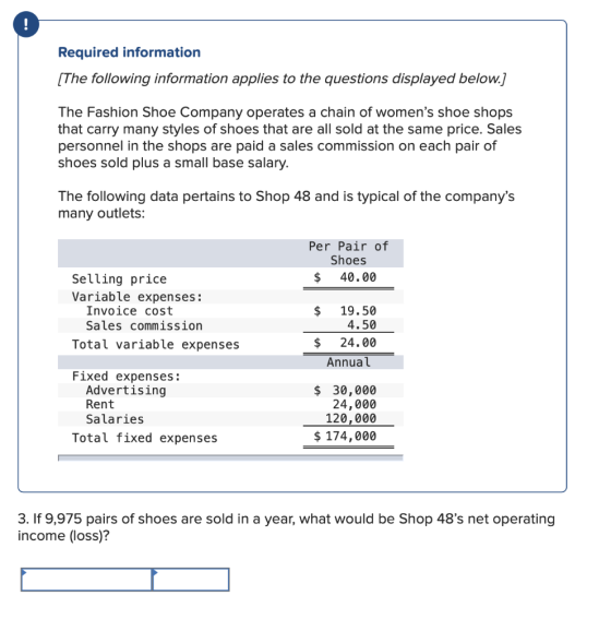 Required information [The following information applies to the questions displayed below.] The Fashion Shoe Company operates