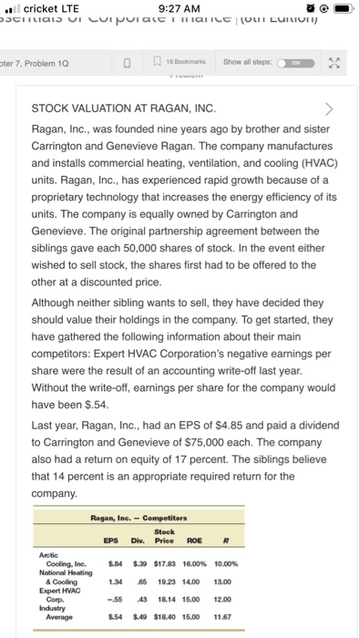 l cricket LTE 9:27 AM 16 Bookmarks Show all steps: ter 7, Problem 10 STOCK VALUATION AT RAGAN, INC. Ragan, Inc., was founded