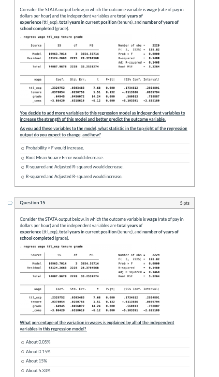 Consider the STATA output below, in which the outcome variable is wage (rate of pay in dollars per hour) and the independent