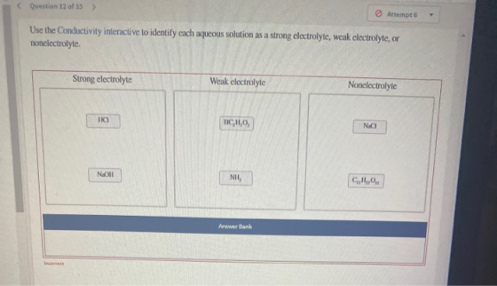 Question 12 of 35 > Attempt 6 Use the Conductivity interactive to identify each aqueous solution as a strong electrolyte, wea