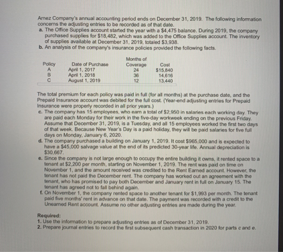 Arnez Companys annual accounting period ends on December 31, 2019. The following information concerns the adjusting entries