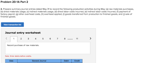 Problem 20-1A Part 2 2. Prepare summary journal entries dated May 31 to record the following production activities during May