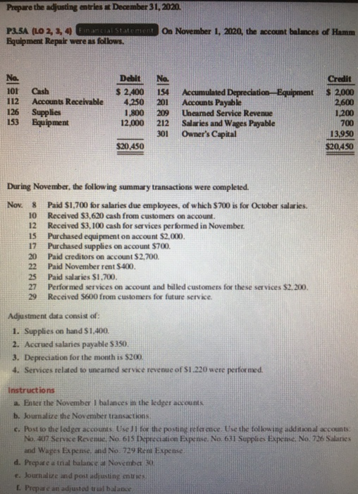 Prepare the adjusting entries December 31, 2020. P3.5A (LO 2, 3, 4 an ancial Statement on November 1, 2020, the account balan