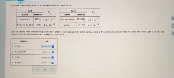 Consider the following data on some weak acids and weak bases K acid name nitrous acid is acid formula HNO, 45 x 10+ base K n