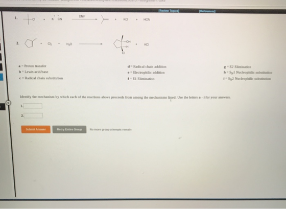 Review Toples f orme 1. to. DF _).no. Hon . . HO Proton transfer b=Lewis acid base c = Radical chain substitution d = Radical