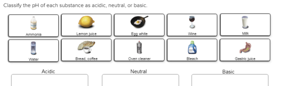 Classify the pH of each substance as acidic, neutral, or basic. Ammonia Lemon juice Egg white Bread, coffee Oven cleaner Bleach Gastric juice Acidic Neutral Basic