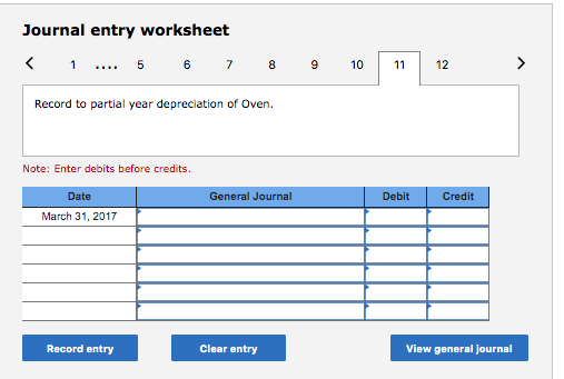 Journal entry worksheet < 1 ... 5 6 7 8 9 10 11 12 Record to partial year depreciation of Oven. Note: Enter debits before cre